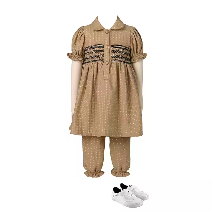 Hot Sale Summer Organic Cotton Baby Clothes Set Smocked Embroidery Toddler Girls Dress and Woolen Pants Two Pieces Outfit