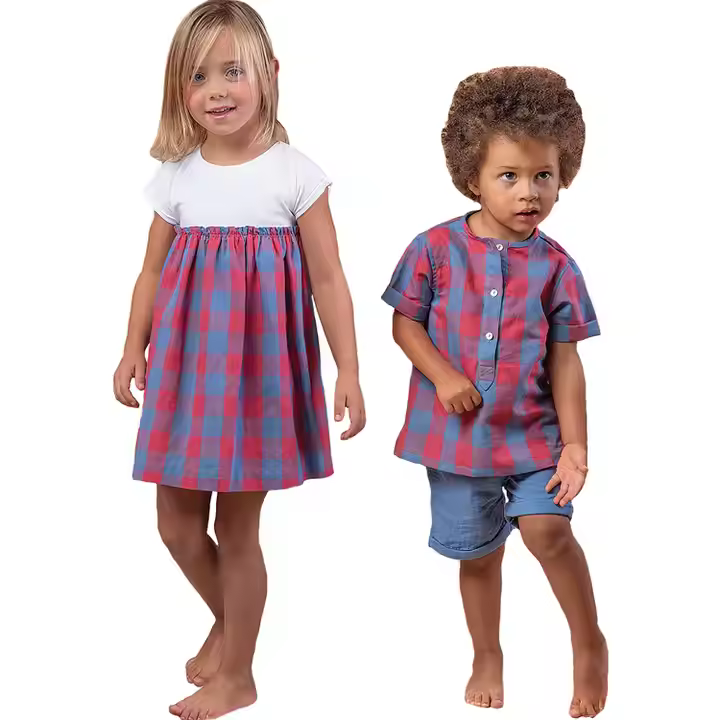 Wholesale Hot Sell High Quality Summer Toddler 2 Piece Clothing Set Breathable Cotton Grid Kids Clothing Sets 4 to 12 Years Old
