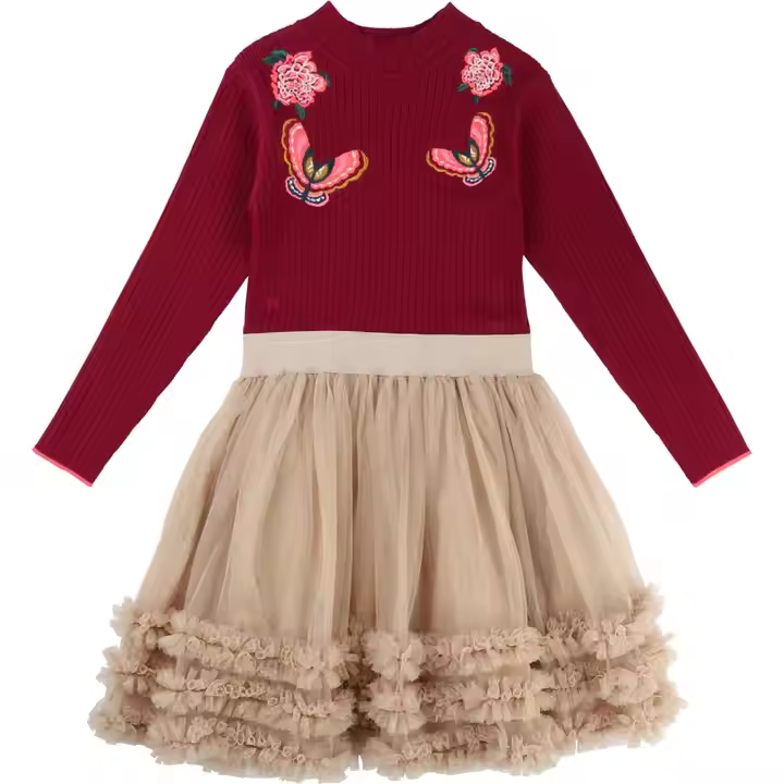 Winter Long Sleeves Ribbed Girl Frock Designer Kids Wear Children Ruffles Mesh Dresses