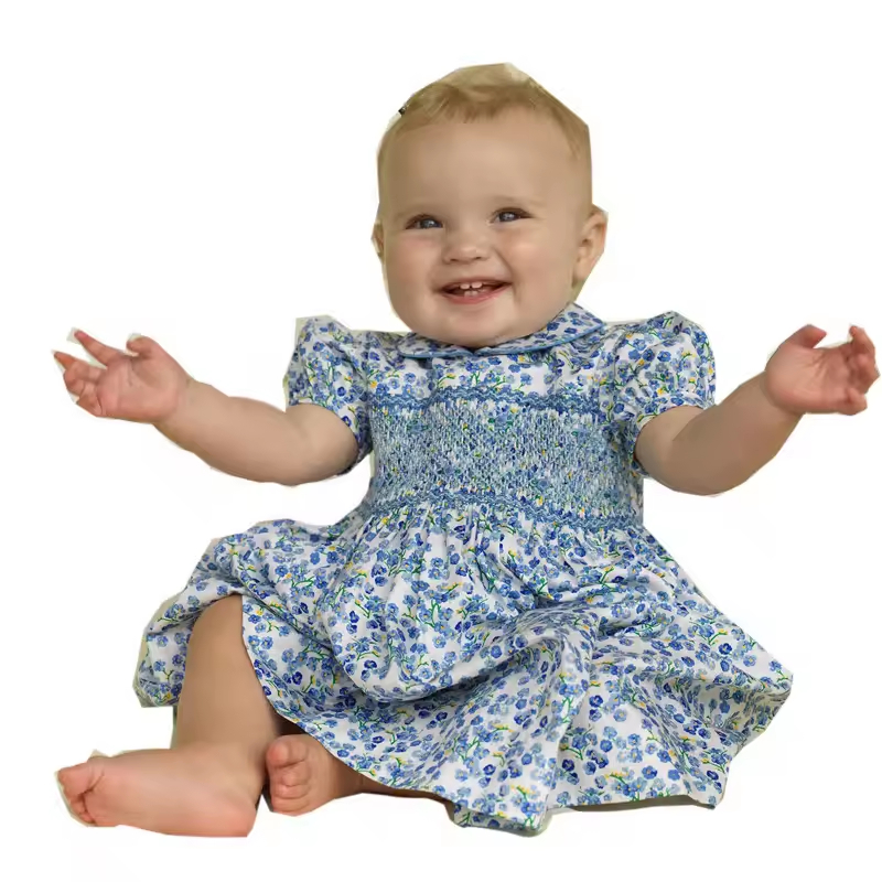 Guangzhou Summer Blue Flower Short Sleeves Baby Smocked Dresses Children Clothing Boutique Dress for Girl's Clothing Wholesale