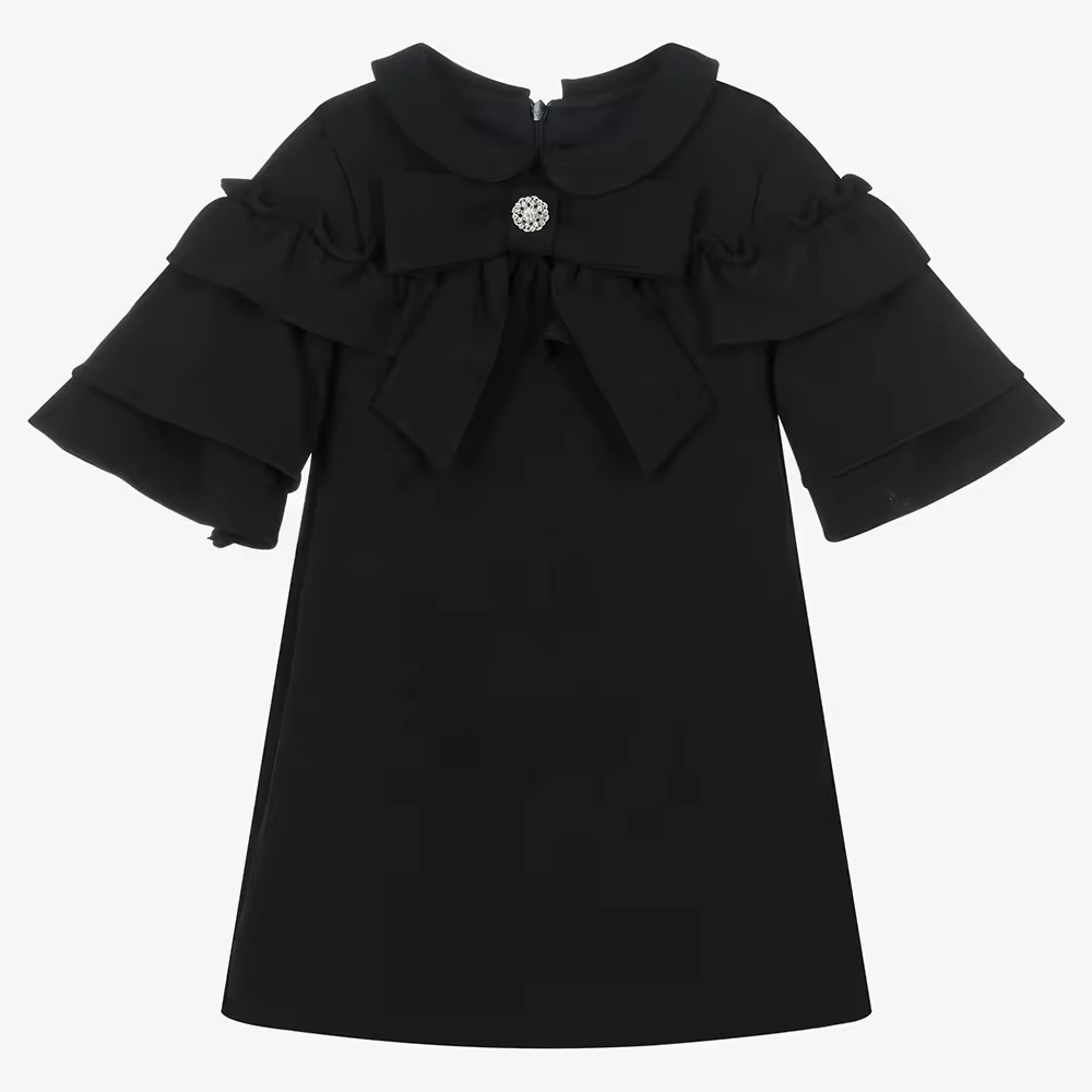Custom Fashion High Quality Black Children Girl Dress With batwing Short Sleeves in Summer Oem Odm Kids Clothing Factory