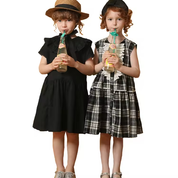 Best Selling High End Design Kid Summer Clothes Girls Dress 2025 Custom Elegant Black Color and Plaid Ruffles Baby Girl Dresses
