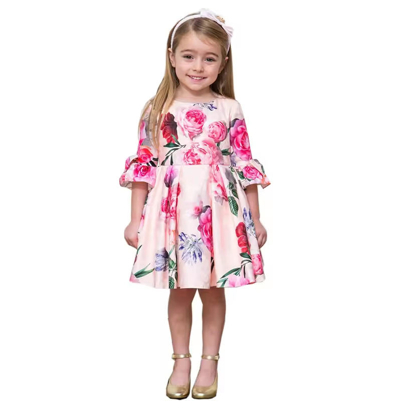 Children Dress Pretty Flowers Design Customized Prints Latest Party Wear Dresses for Girls