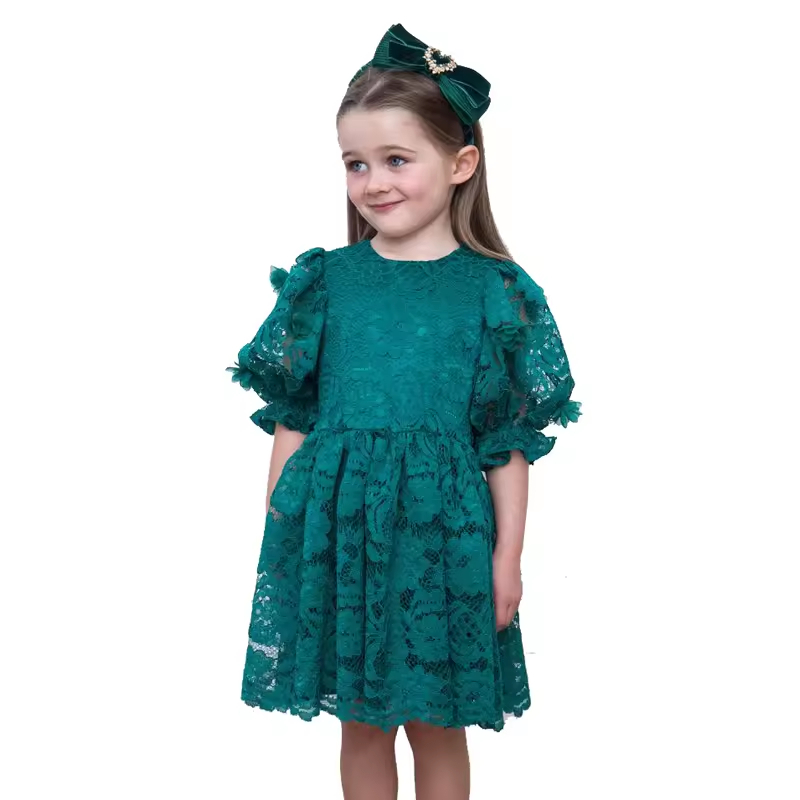 Cotton Hollow-carved Lace Knee-Length Dress With Beautiful Lantern Sleeves Design Girls Dresses