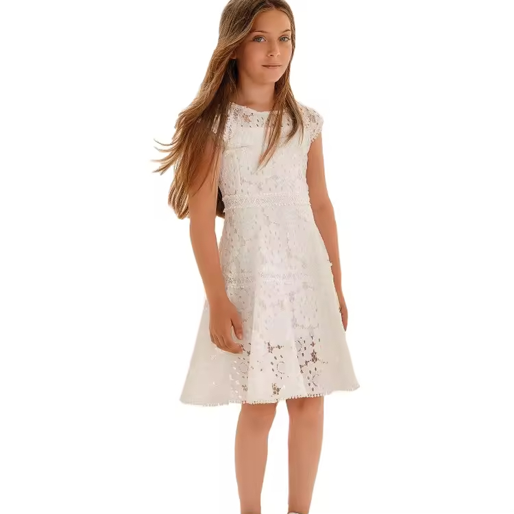 2025 OEM High End Design Floral Lace Short Sleeve Kids White Party Dresses Knee Length Cotton High Waist Summer Dress for Girl