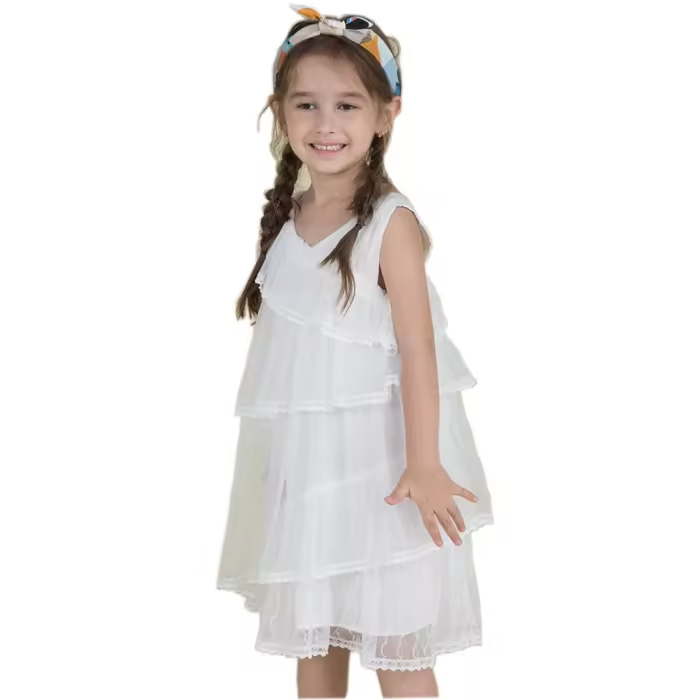 OEM Customizable Cute Girls Party Dress Latest Fashion Solid Woven Fabric Summer New Style with Sweet Ruffles Decoration