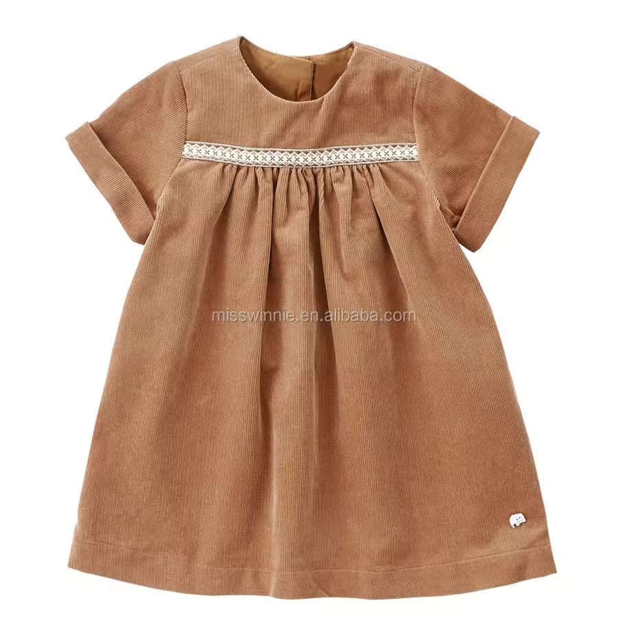 Crocheted Woolen and Cotton Girls Dress Floral Pattern Crew Neck & Short Sleeves Size 5T-for 11 Year Olds Button Decoration