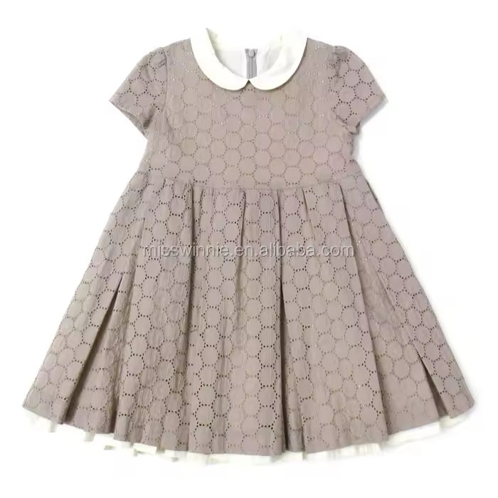 Frock Design for Baby Girls Children Short Sleeves Peter Pan Collar Dress Cotton Fabric Casual Style Guangzhou Kids Clothes