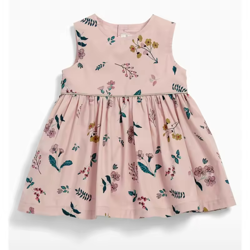Customized Branded Kids Dress Woven Cotton Floral Sleeveless O-Neck Casual Style for Summer Latest Fashion for Children